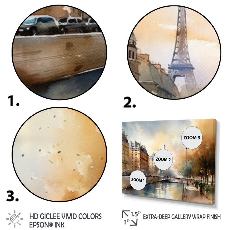 «Beautiful Pastel Paris Scenery», art mural sur toile Paris, H 24 po x l 32 po x P 1 po, Cadre flottant érable