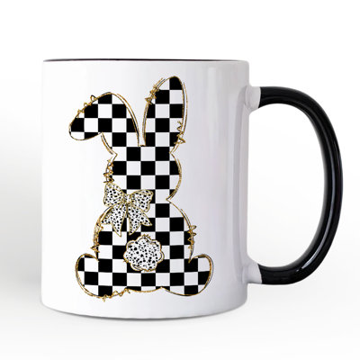 Checkered Easter Bunny Coquette Mug, Stylish Spring Gift with Custom Name