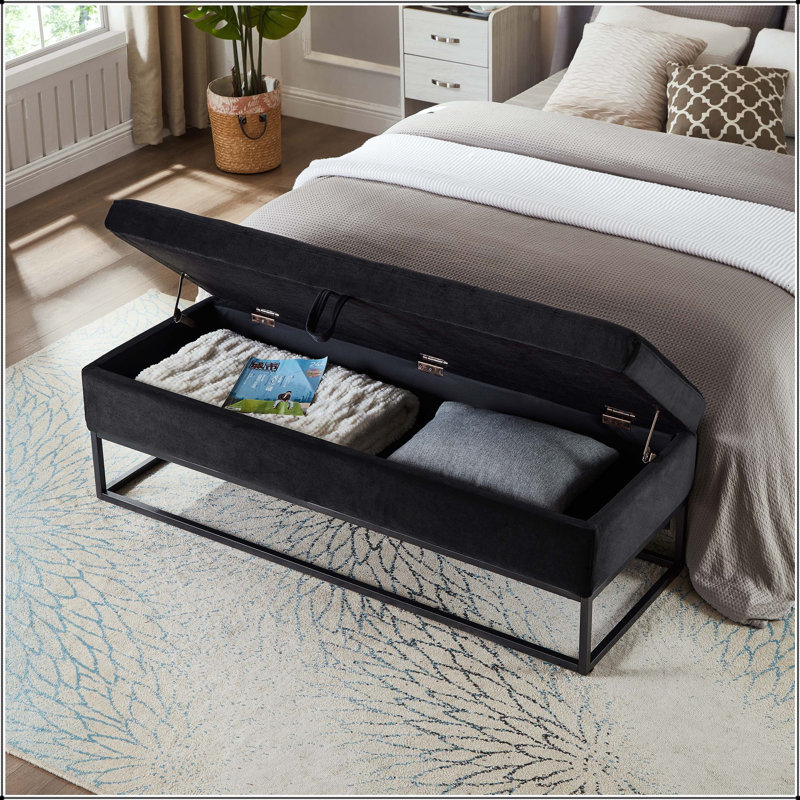 Banc de rangement en velours 58,6 po avec base en métal et plateau capitonné, Black, Black, Black