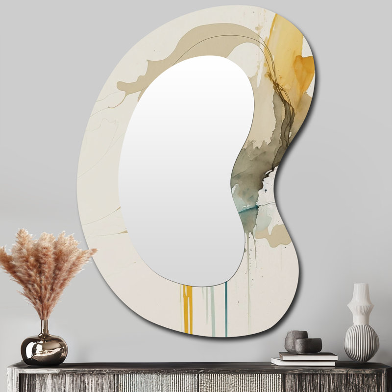 Mustard Yellow Secrets VI - Abstract Liquid Ink Modern Asymmetrical Decorative Wall Mirror, 39" x 28"