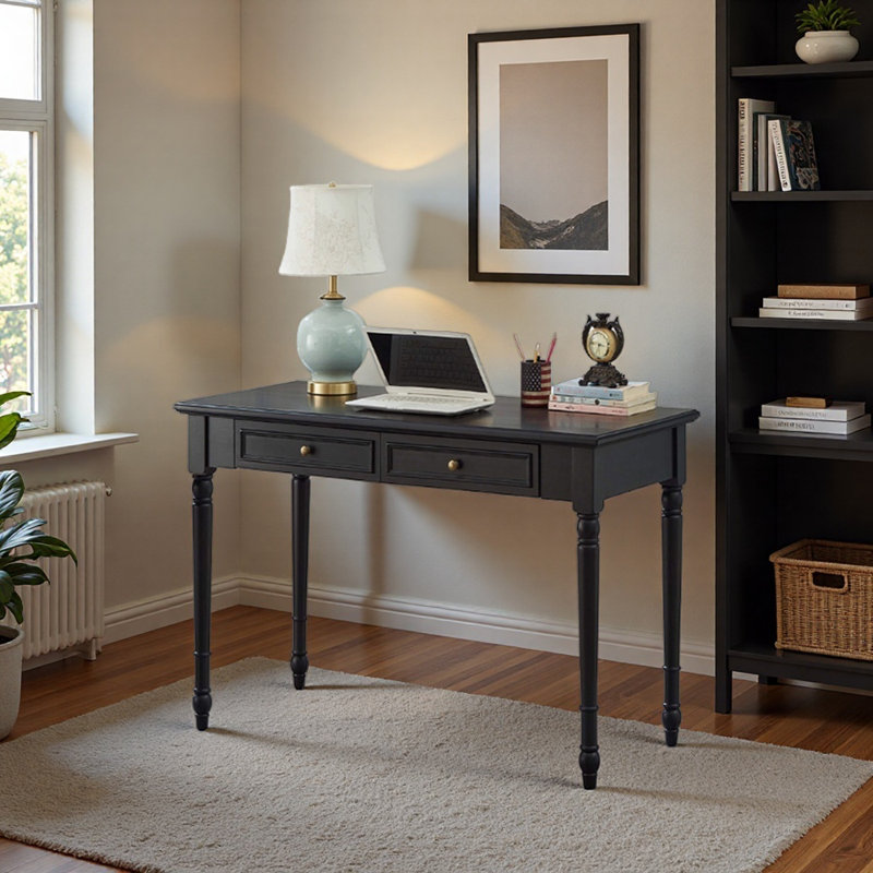 Black Rubberwood Double-drawer Writing Desk, 29.92" H x 43.3" W x 21.65" D
