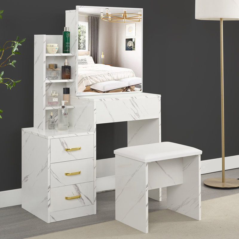 Barranca Dressing Table with Sliding Mirror, White Marble