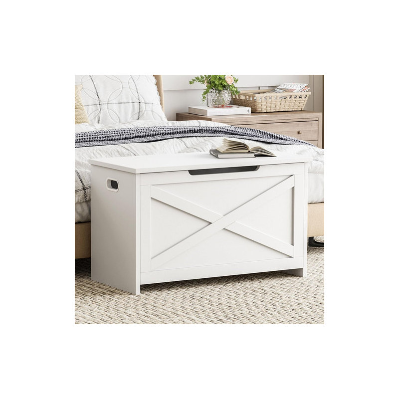 30" Wooden Storage Bench with Safety Hinge, Large Toy Chest for Entryway, Living Room & Bedroom, White