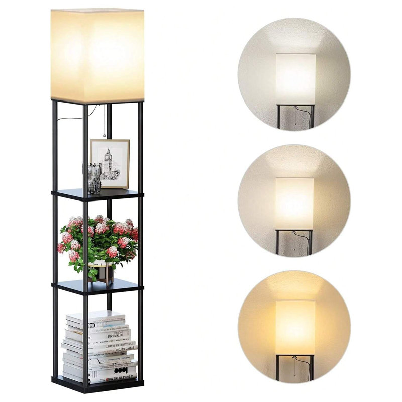 63" Column Floor Lamp With Metal Shelves, Dimmable 9W Led Bulb Included For Bedroom Living Room Office
