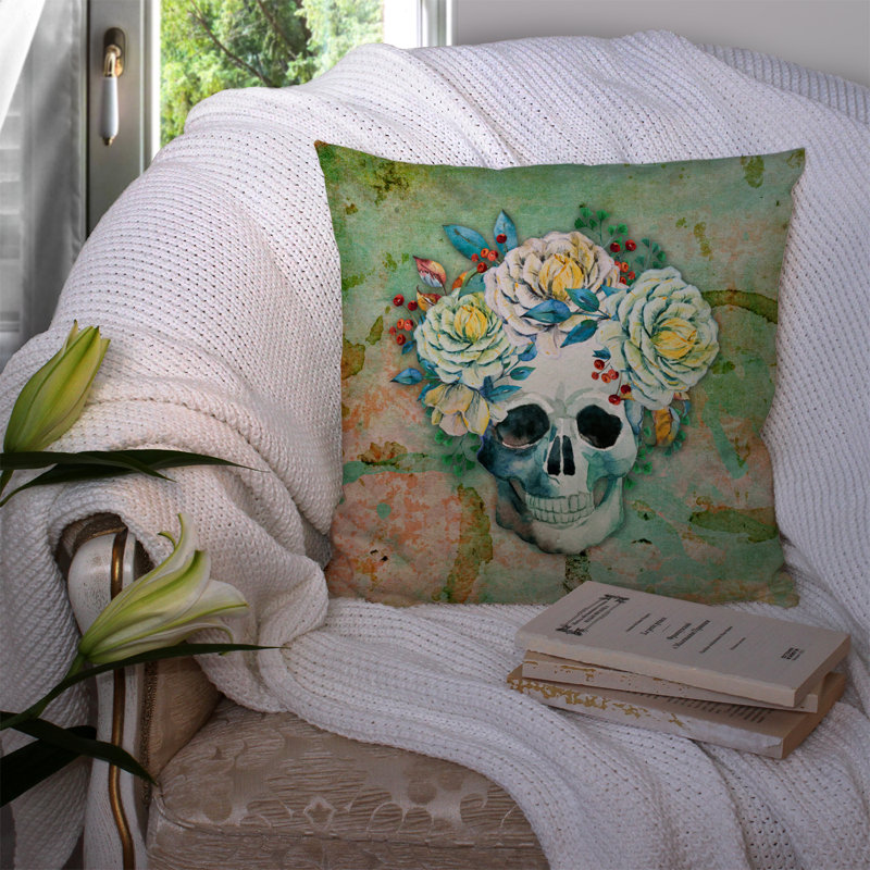 Coussin intérieur/extérieur crâne avec fleurs, 14 po x 14 po