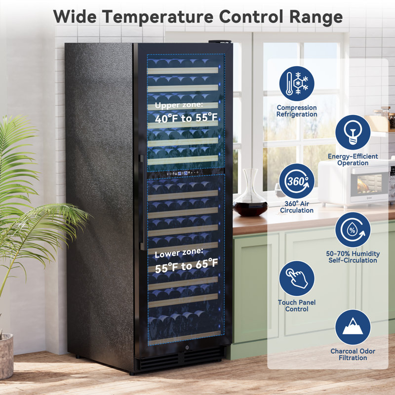 24-Inch Tall Dual Zone Wine Refrigerator -- 154-Bottle Cooler for Built-In or Freestanding Use with Reversible Door Design, Professional Compressor, Low Noise, Fast Cooling, and Intelligent Temperature Memory in Black Finish