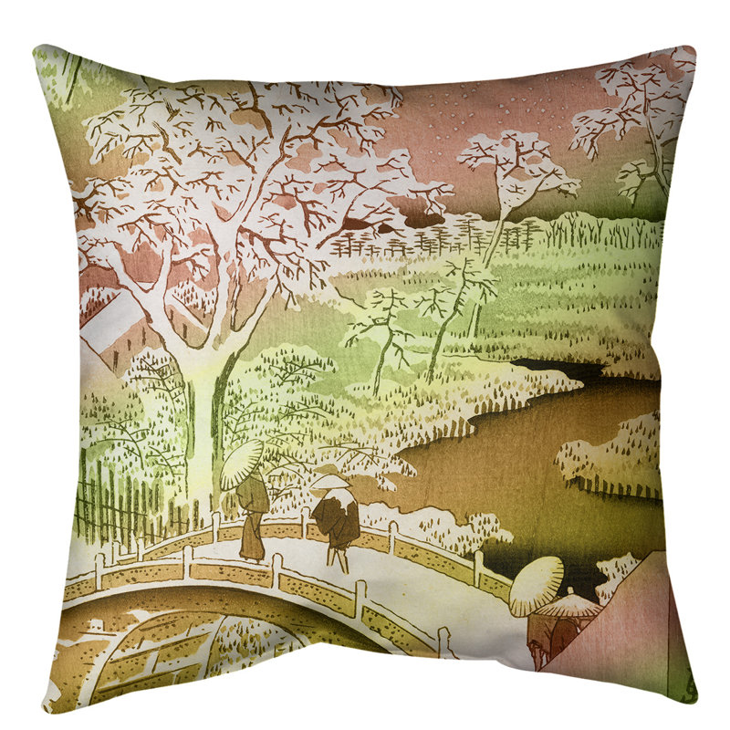 Coussin Utagawa Hiroshige Meguro Drum Bridge et Sunset Hill, 30 po x 30 po, Rouge / dégradé vert