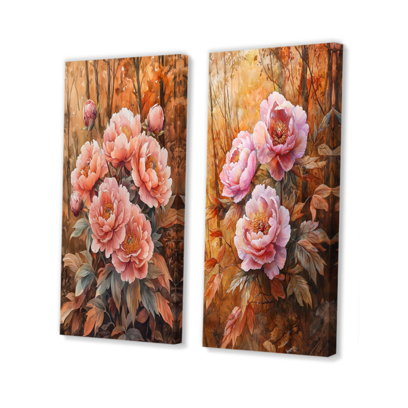 Pivoines et la forêt d'automne I - Collection d'art mural floral 2 panneaux, H 28 po x l 25 po, Toile tendue