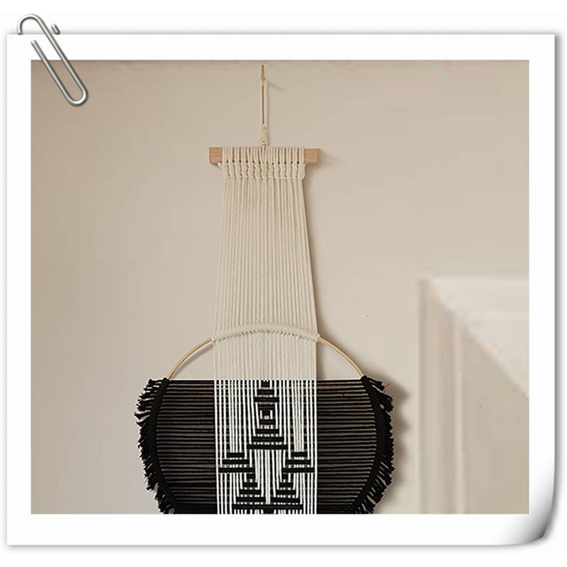 Décoration murale macramé noir et blanc Boho, art mural de salon, lignes géométriques rondes faites à la main