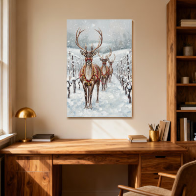 Animaux, cerf d'hiver avec rubans rouges et neige