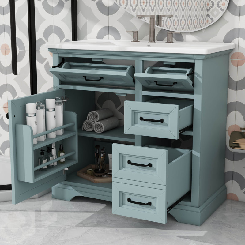 Meuble-lavabo moderne 36 po avec lavabo en céramique et 2 tiroirs, Gris