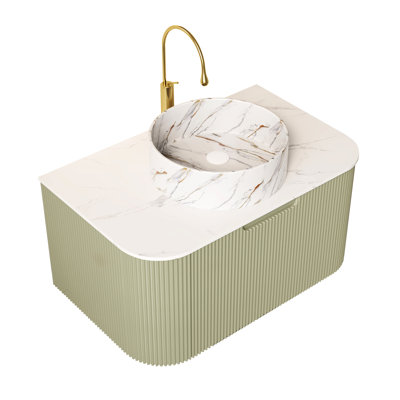 Meuble-lavabo de 30 po avec lavabo, lavabo rond en céramique blanche, finition rayée 3D, pré-assemblé, comptoir, armoire de rangement à motif de pierre en contreplaqué, grand espace, tiroir à fermeture en douceur