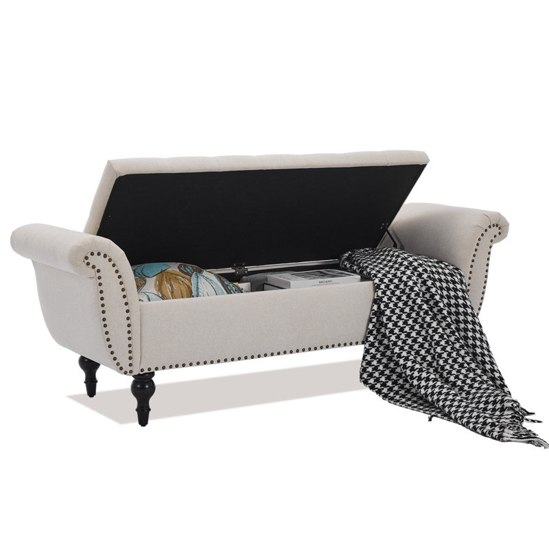 Très grand banc de rangement Chesterfield de 63,7 po avec pieds en bois massif, Beige