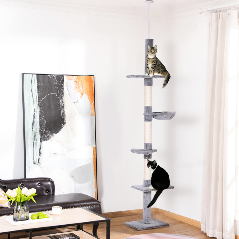 Floor-Ceiling Cat Tree 9' - Grey And White. 90.5''-100.3'' Adjustable Height, 5 Platforms, 3 Rope Scratching Areas, Stable Particleboard Construction, Warm 220Gsm Short Cushion, Your Furniture From