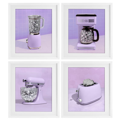 Ensemble d'ustensiles de cuisine disco en mauve, ensemble de 4 impressions encadrées sous verre, design par Lish Creative