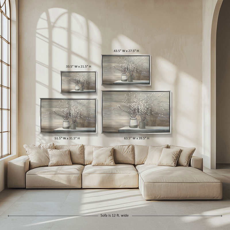 "Pussy Willow Still Life Grey Pots" par Julia Purinton, reproduction sur toile dans un cadre flottant, H 21,5 po x l 33,5 po
