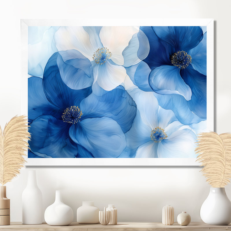 Irmtraude bleu blanc délicat cornouiller pétales de fleurs II - cornouiller art mural, H 24 po x l 32 po, Picture Framed