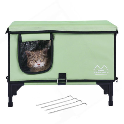 Abri pour chat surélevé et chauffé pour chat avec coussin chauffant vert (M)