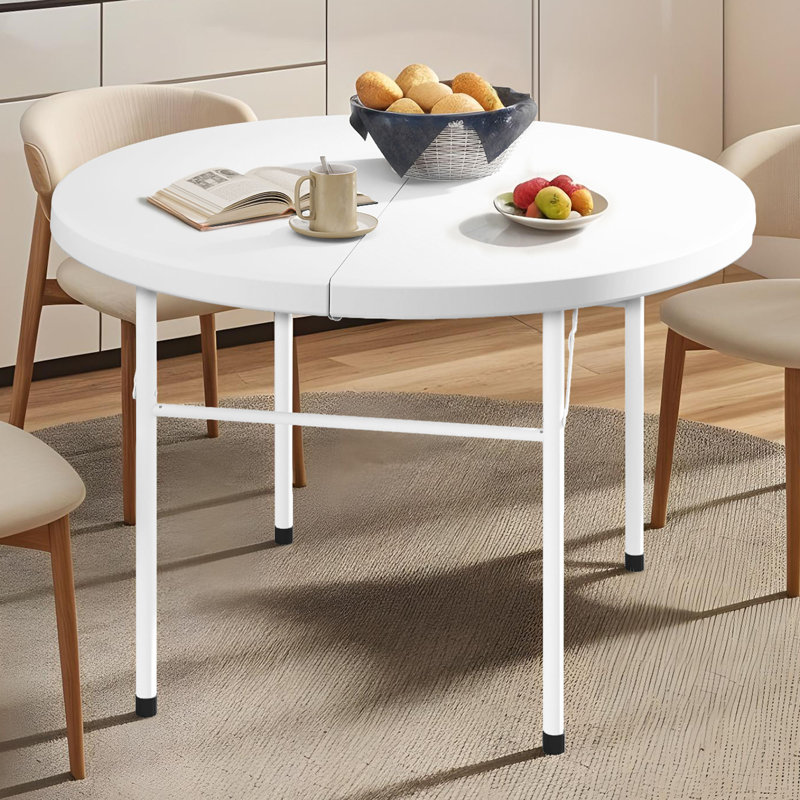 122 cm Round Folding Garden Table with Carry Handle,Portable Camping Table with Metal Frame, White