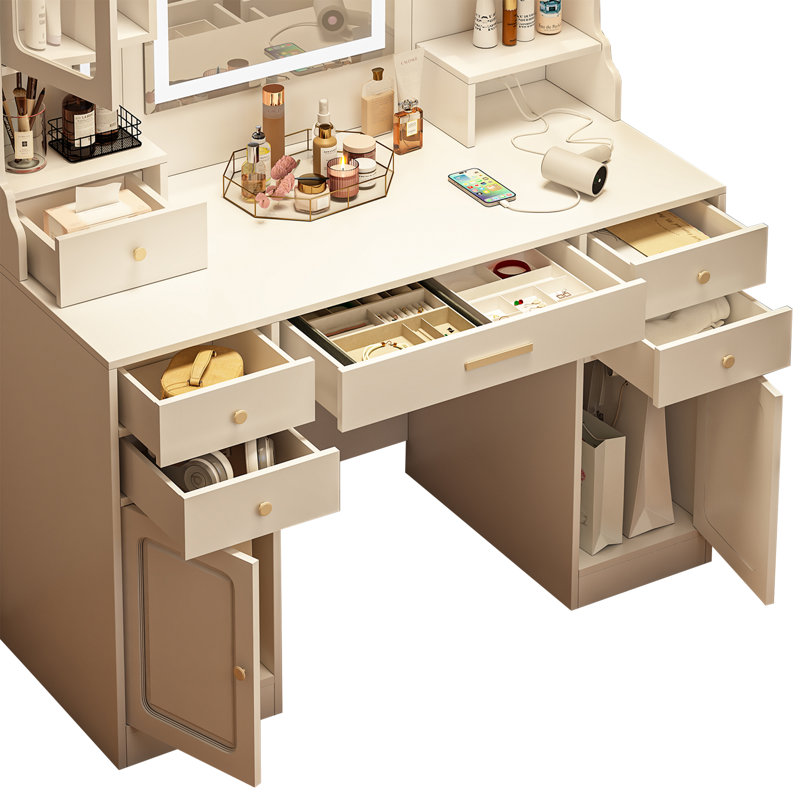 Ensemble de coiffeuse avec miroir, 6 tiroirs et de nombreuses tablettes