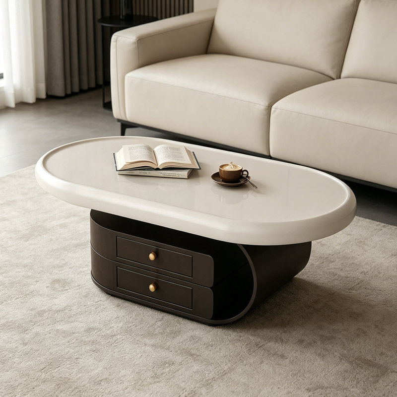 Luxurious Sophisticated Oval Storage Coffee Table, 17.32" H x 43.3" W x 27.55" D