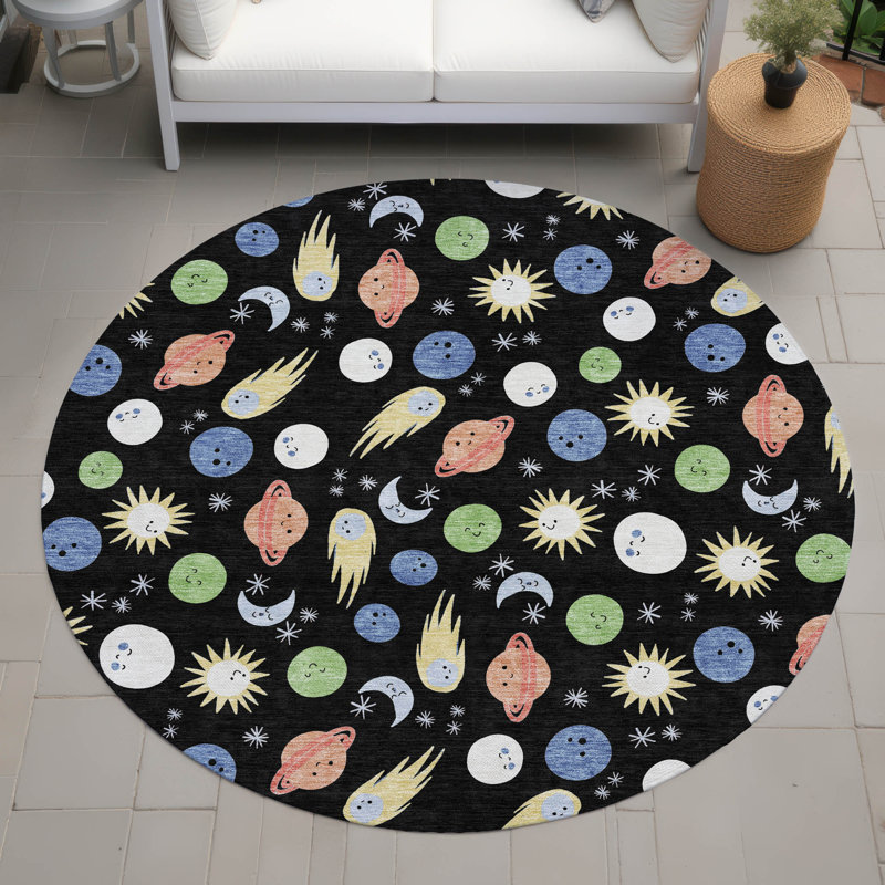 Tapis intérieur / extérieur lavable à la machine pour enfants ACN2581, Noir, Rond 8 pi