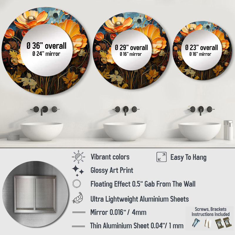 Gold Marigold Marigold Melody II - Marigold Unique Wall Mirror, Traditional Round Mirror, Printed Metal Art, 36" x 36"