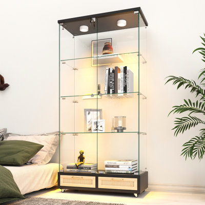 Vitrine moderne en verre, éclairage à DEL 13 couleurs, conception avec grands tiroirs, pour cadres photo dans une armoire de bureau, 4 portes, 4 tablettes, étagère de rangement, salon, chambre à coucher, rapide