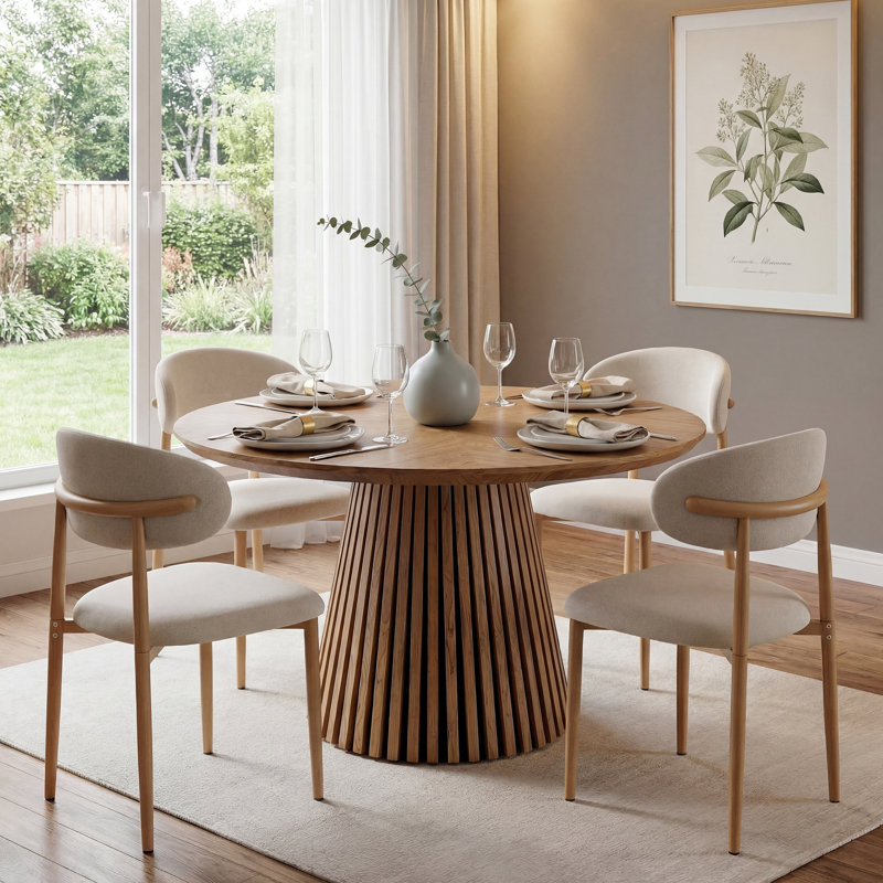 5-Piece Round Dining Set With Upholstered Chairs, Brown