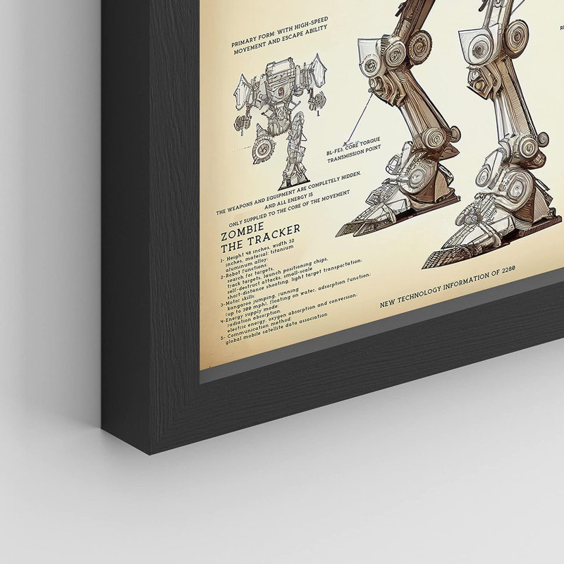 " Vintage Retro Futuristic Sci-Fi Robot Android Spaceship " 4 - Pieces, 14" H x 11" W x 1" D, Black Framed