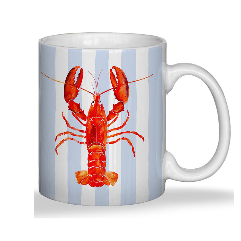 Red Lobster Coastal Ceramic Mug Cup With Handle, Lobster Gifts, Blue and White Striped Beach Crawfish Porcelain Tea Mug, 11 Ounce