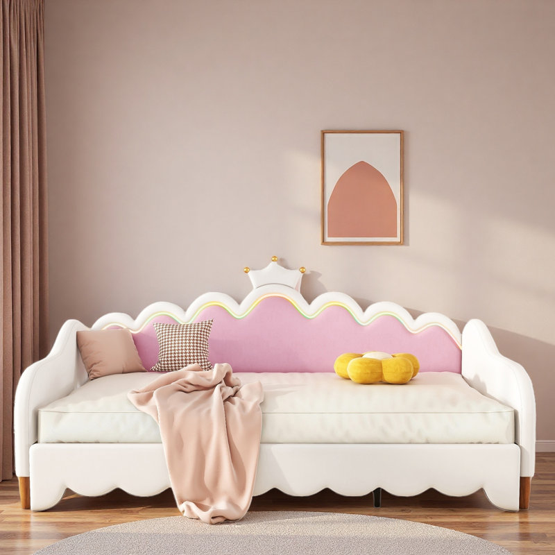 Extending Upholstered Daybed With Led Lights And Crown Headboard, White