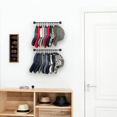 Hat Rack for Wall Baseball Cap Organizer Hanger with 20 Hooks Modern Metal Hat Holder Wall-Mounted Caps Display for Closet Door Bedroom Entryroom Laundry, Set of 2 Black