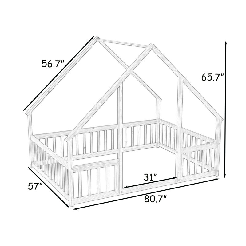 Wooden Floor Bed With House-Shaped And Guardrails, Natural, Full
