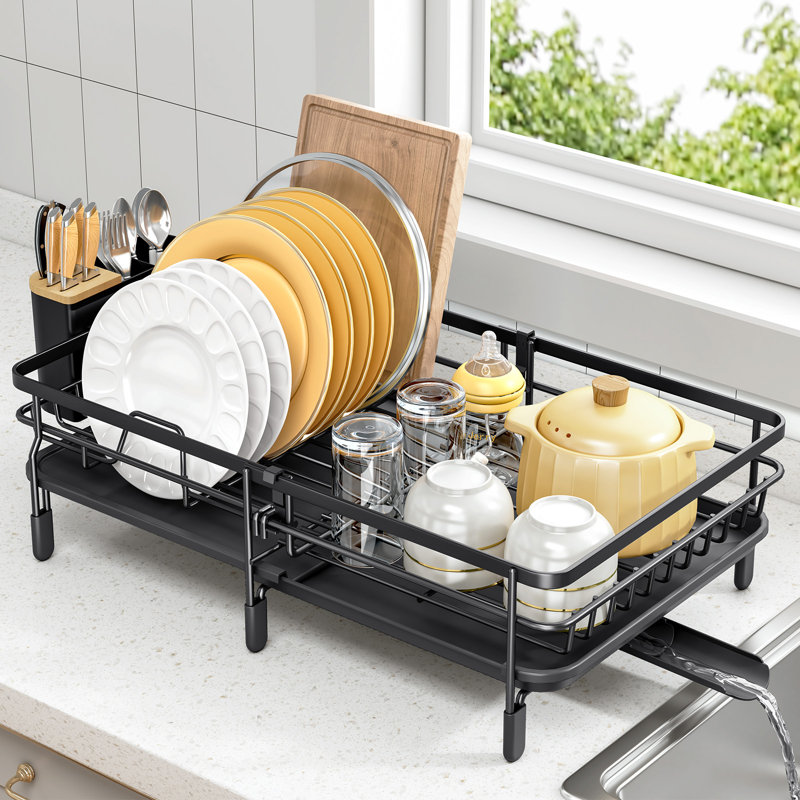 Dish Drainer Rack Kitchen - Adjustable Dish Rack, Foldable Dish Drying Rack with Removable Cutlery Holder Swivel Drainage Spout, Anti-Rust Plate Rack