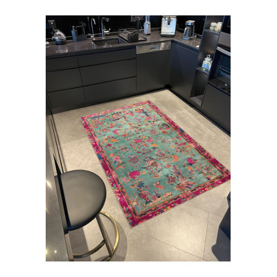 Tapis décoratif floral bleu et rose lavable à la machine
