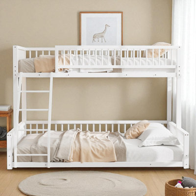 Floor Bunk Bed, Metal Frame with Ladder, Guardrails, No Box Spring Needed