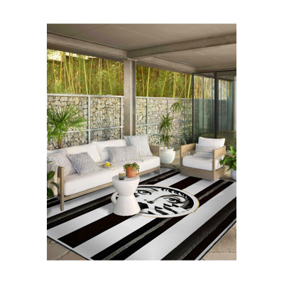 Black Striped Themed Modern Face Patterned Woven Base Washable Rug
