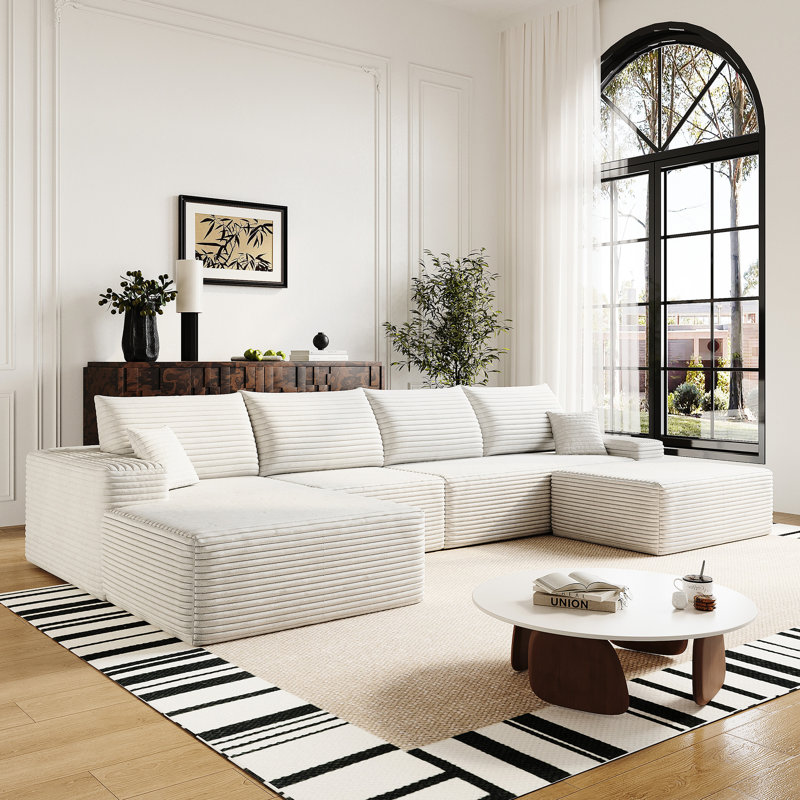 Canapé modulaire en forme de U de 135 po en velours côtelé blanc à 5 places, confortable et sans assemblage, pour véranda de salle d'étude