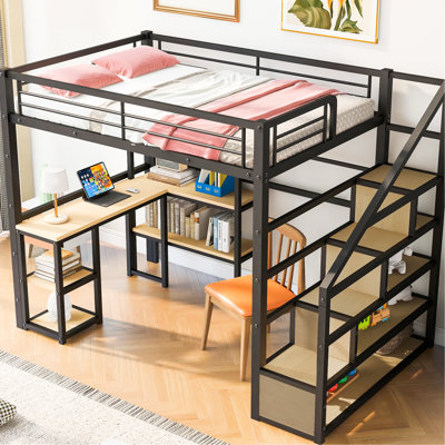 Lit mezzanine double en métal pleine grandeur noir avec escalier et bureau / tablettes pratiques - construction solide, aucun sommier tapissier requis pour une chambre à coucher enchanteresse, construction robuste, look propre nécessaire