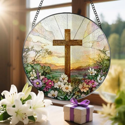 Vitrail suspendu en forme de croix de 8 pouces et fleurs sauvages Suncatcher Christian