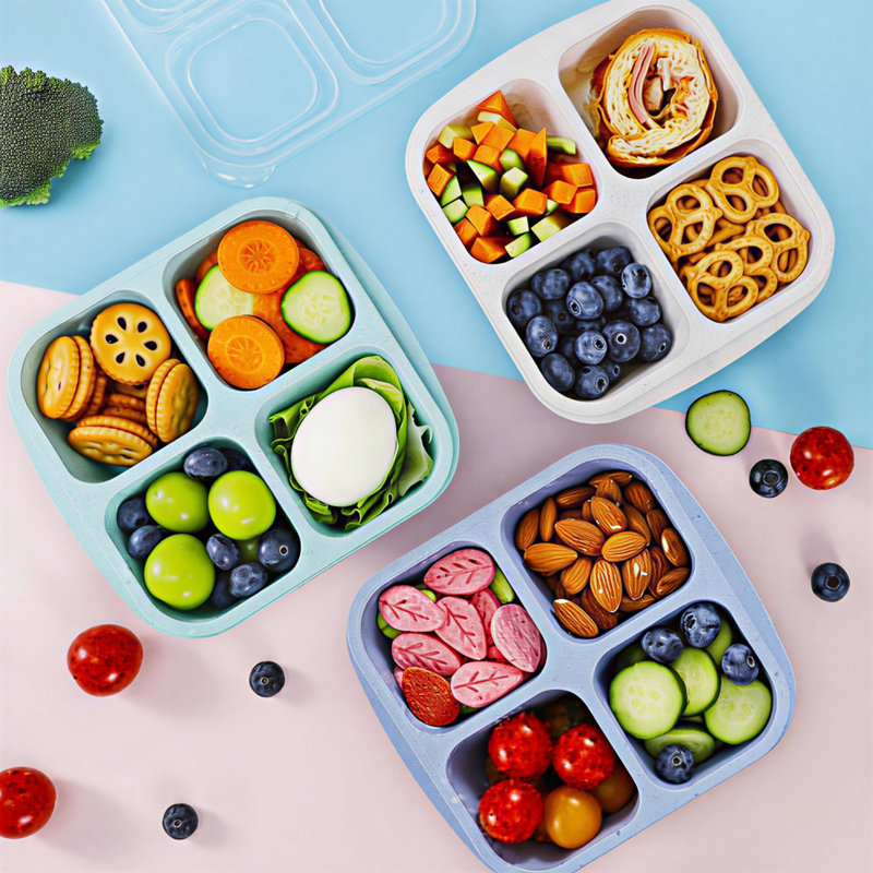 Paquet de 6 contenants de rangement pour aliments à 4 compartiments, boîte à bento pour enfants et adultes à l'épreuve des fuites en paille de blé, contenants de préparation de repas empilables, coffre-fort pour réfrigérateur