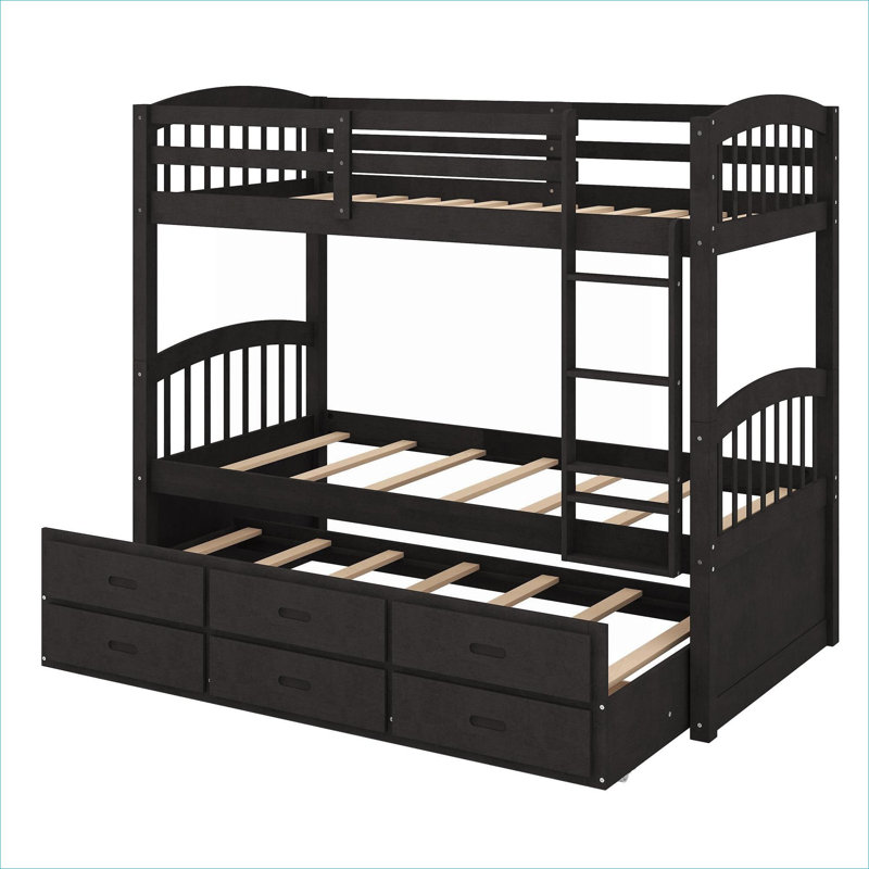 Structure de lit simple superposé au-dessus de lit simple en bois de pin brun avec couchette convertible et tiroirs de rangement, convient aux matelas simples standard