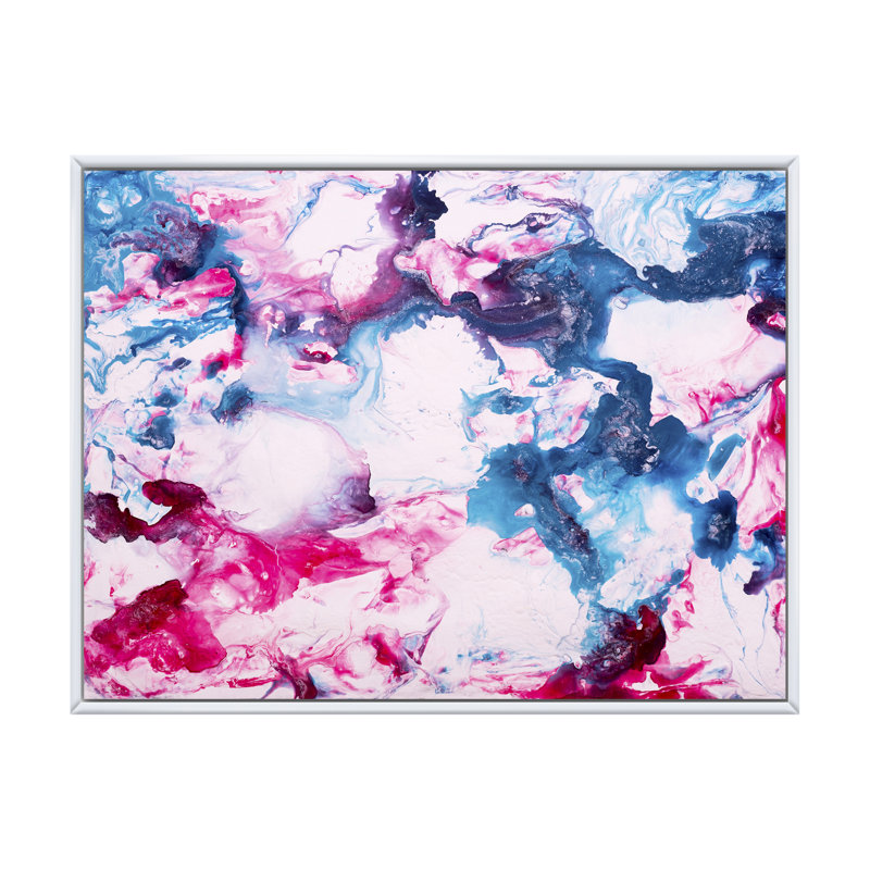 Art liquide et marbre rose et bleu - peinture sur toile, Cadre blanc, H 31 po x l 41 po x P 1,5 po