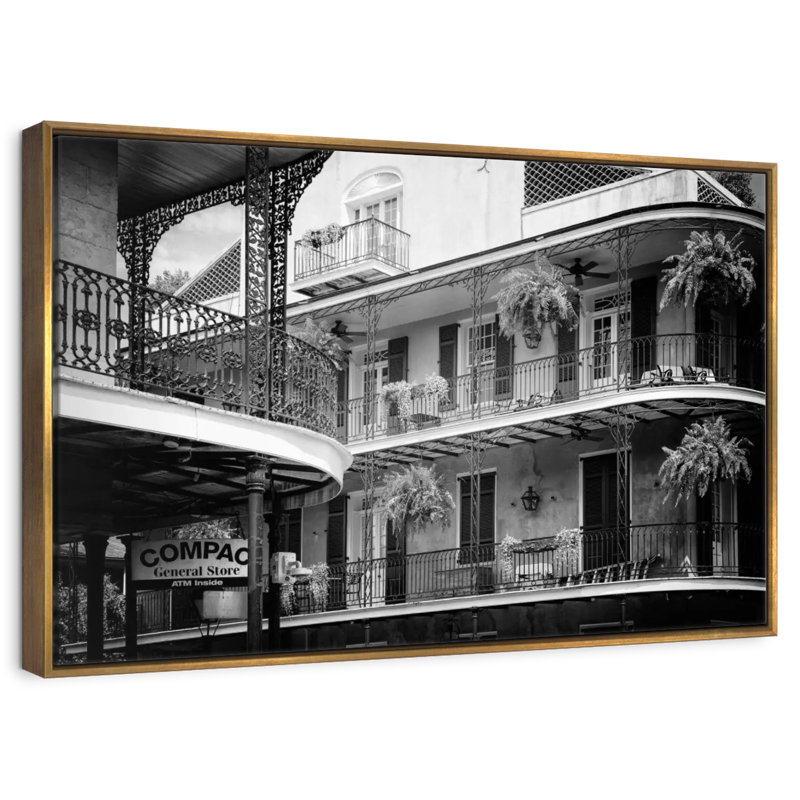 NOLA noir - façades de balcon Bourbon, Cadre flottant doré, 13 po x 9 po