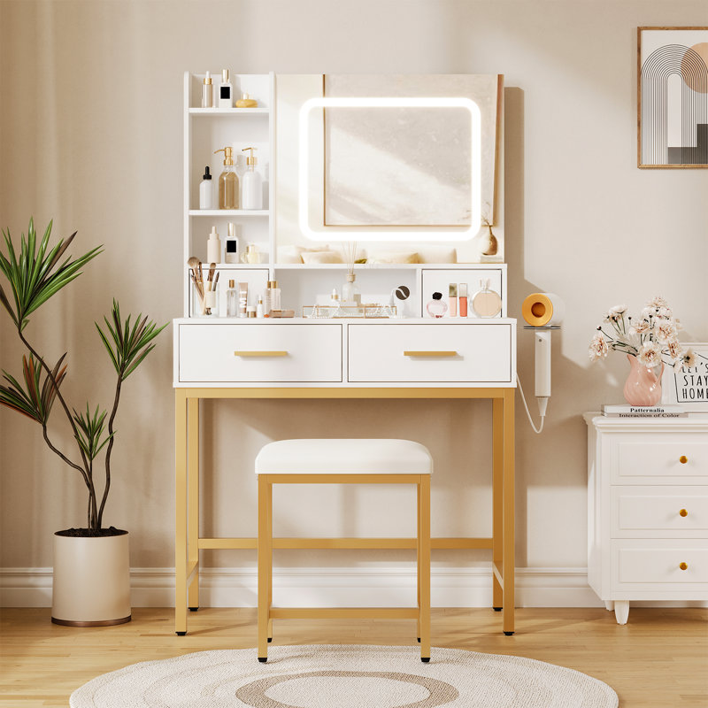 Makeup Vanity Desk with Mirror and Lights, Makeup Vanity Desk with Lights 3 Colors, 4 Drawers, White