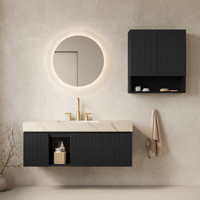 Ensemble meuble-lavabo suspendu EIDEN 48 + TOBI 26, avec rangement mural, comptoir en pierre frittée couleur crème veinée or, lavabo en céramique, entraxe de 20 cm (8 po), 3 trous, robinetterie et bonde non inclus, coloris noir.