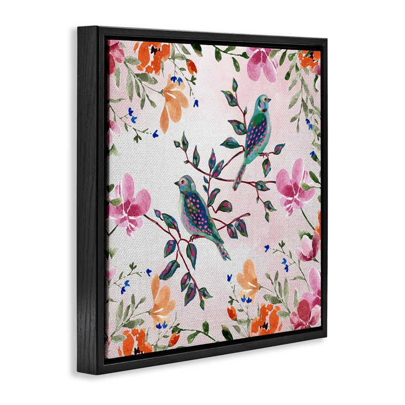 Cadre flottant deux oiseaux et fleurs de campagne, design par Adonna Ebrahimi, Cadre flottant noir de jais, H 18 po x l 18 po