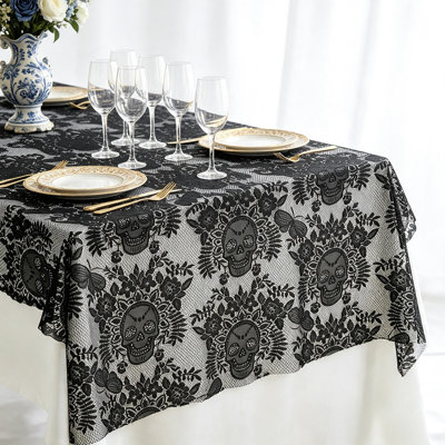 Halloween Black Lace Skull Tablecloth, Gothic Rectangular Polyester Table Cover for Spooky Party Dining Decor, 86.61" x 39.37"
