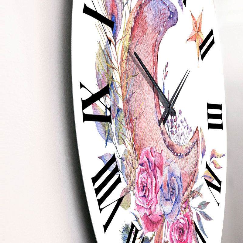 Lune rose et mauve avec roses II - horloge murale bohémienne et éclectique, Moyen